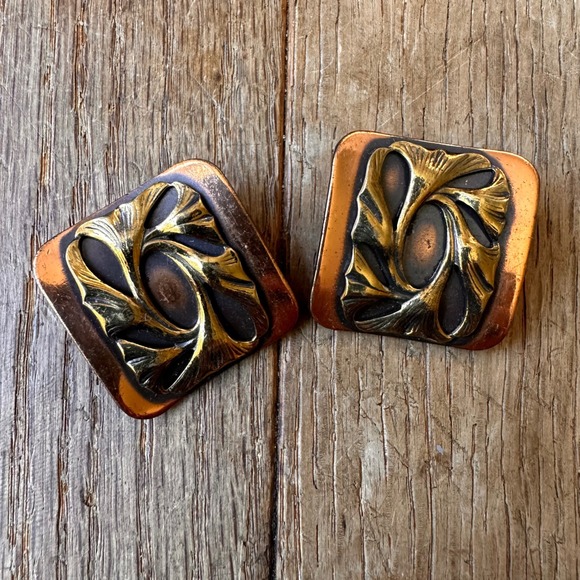 Unbranded Jewelry - 1970s‎ Clip On Earrings Women OS Ginkgo Leaf Square Copper Gold Tone Formal
